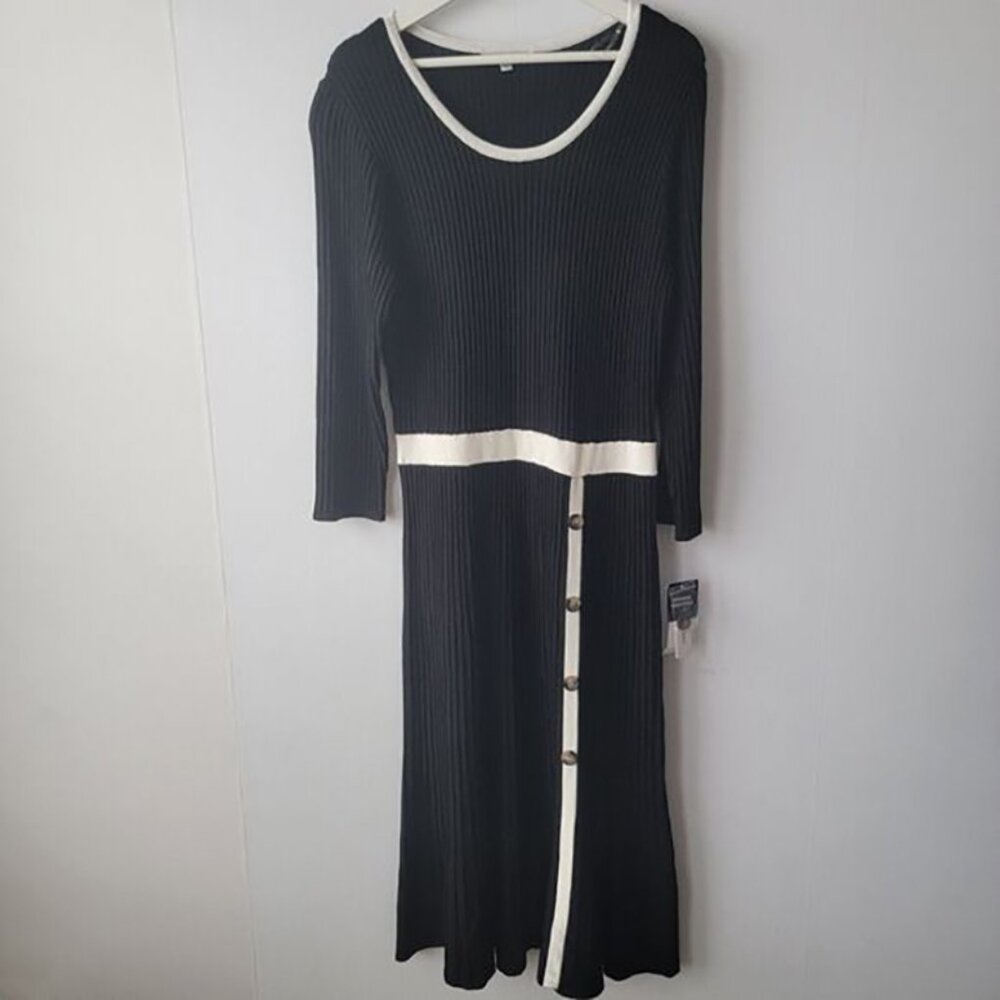 Sandra Darren womens long sleeve sweater dress sz M with contrast trim retro